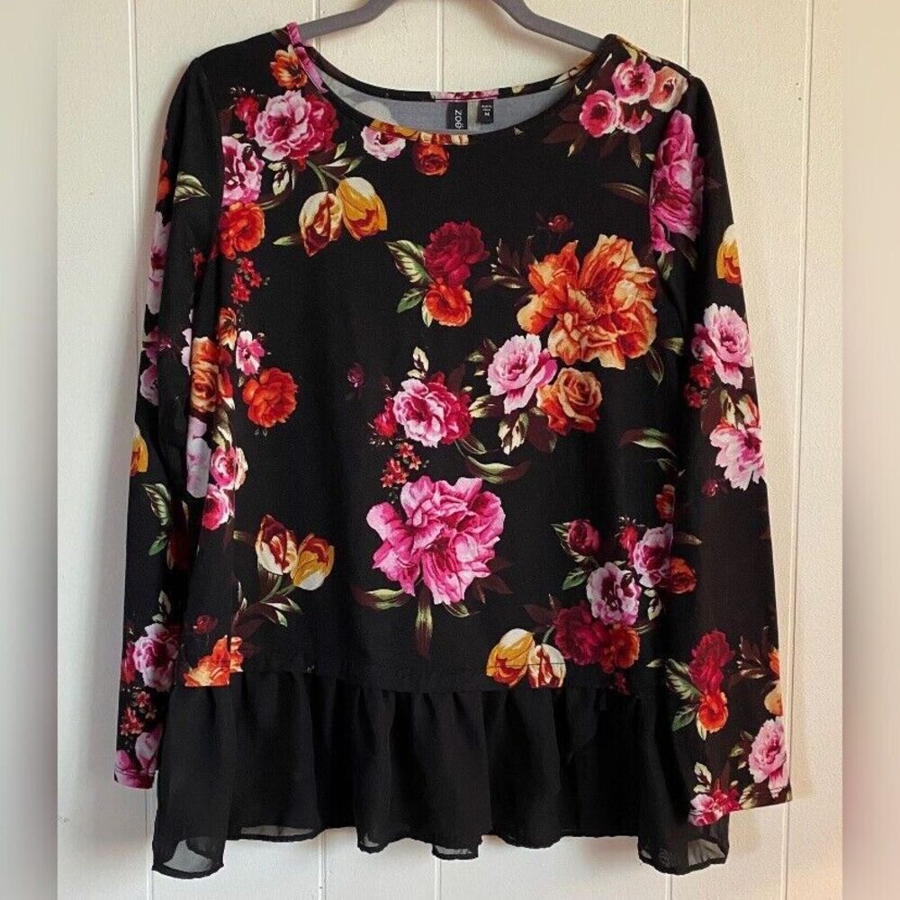Zoe & Phoebe Blouse Women’s Medium Black Multicolor Floral Ruffled  Cottagecore